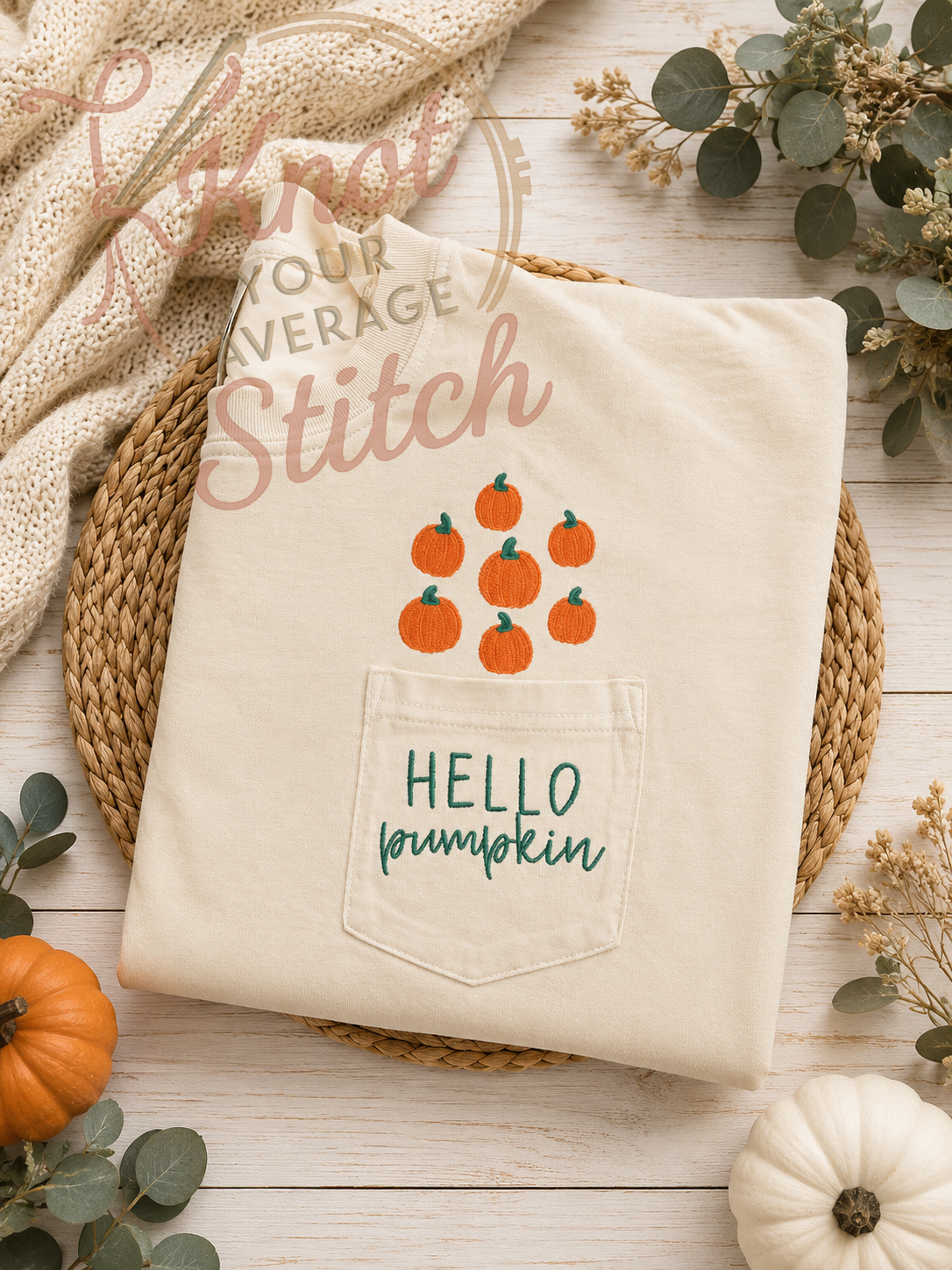 Hello Pumpkin Embroidered Pocket T-shirt